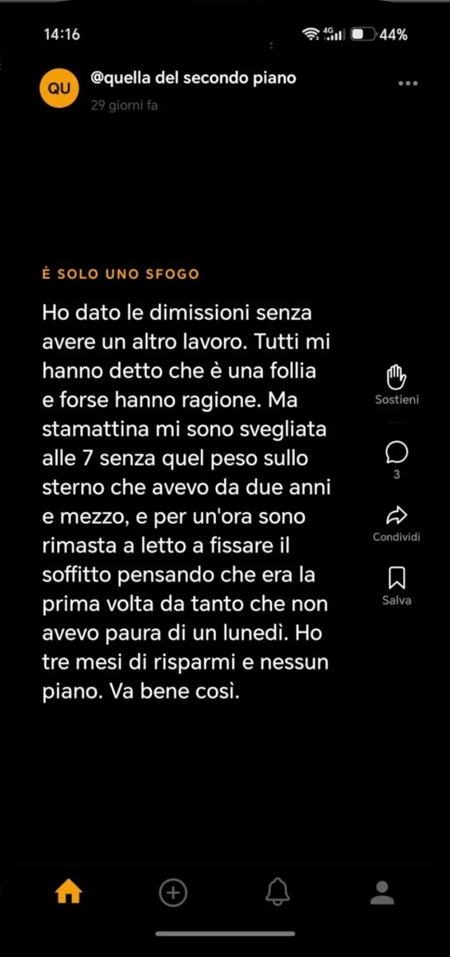 Una storia pubblicata come «È solo uno sfogo», firmata solo dal nickname «quella del secondo piano» e da un avatar animale