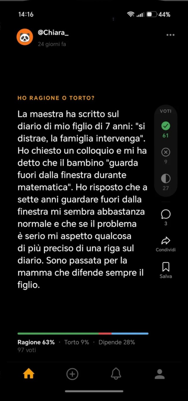 Una storia con la domanda «Ho ragione o torto?» e i voti della community: 63% ragione, 9% torto, 28% dipende su 97 voti