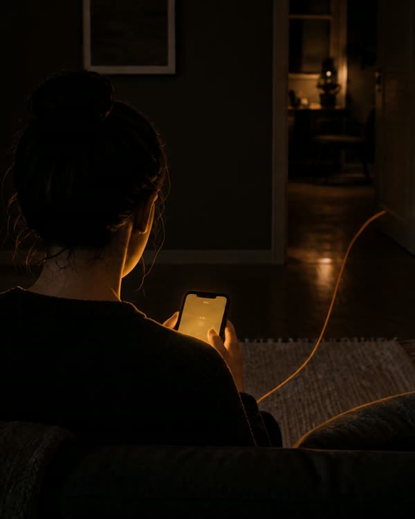 Una persona seduta di spalle in una stanza buia, illuminata solo dallo schermo del telefono