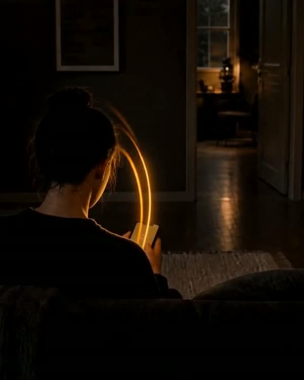La stessa stanza all’alba: il filo di luce ambra rientra nel telefono e si chiude in due archi